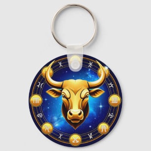Golden Taurus Bull In Cosmic Zodiac Circle Key Ring