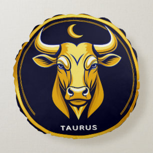Golden Taurus Bull In Cosmic Zodiac Circle Round Cushion