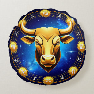 Golden Taurus Bull In Cosmic Zodiac Circle Round Cushion