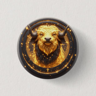 Golden Taurus Bull Within a Circular Zodiac Wheel 3 Cm Round Badge