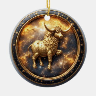 Golden Taurus Bull Within a Circular Zodiac Wheel Ceramic Ornament