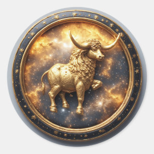 Golden Taurus Bull Within a Circular Zodiac Wheel Classic Round Sticker