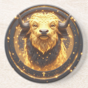 Golden Taurus Bull Within a Circular Zodiac Wheel Coaster