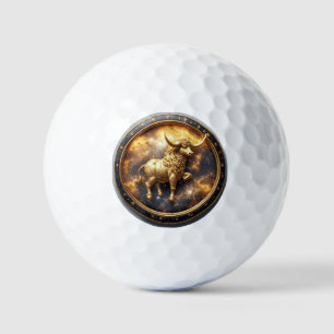 Golden Taurus Bull Within a Circular Zodiac Wheel Golf Balls