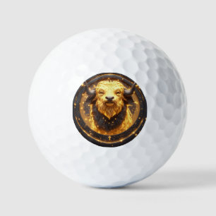 Golden Taurus Bull Within a Circular Zodiac Wheel Golf Balls