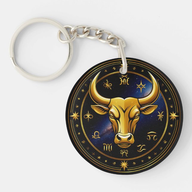 Golden Taurus Bull Within a Circular Zodiac Wheel Key Ring (Front)