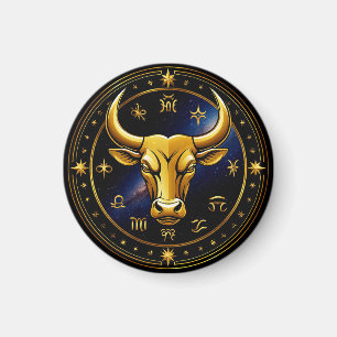 Golden Taurus Bull Within a Circular Zodiac Wheel Magnet