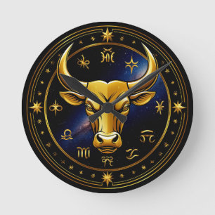 Golden Taurus Bull Within a Circular Zodiac Wheel Round Clock