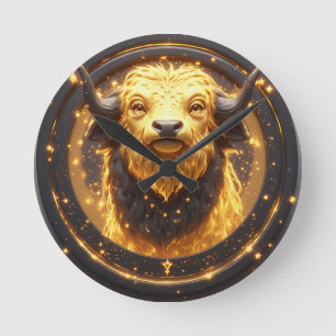 Golden Taurus Bull Within a Circular Zodiac Wheel Round Clock