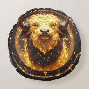 Golden Taurus Bull Within a Circular Zodiac Wheel Round Cushion