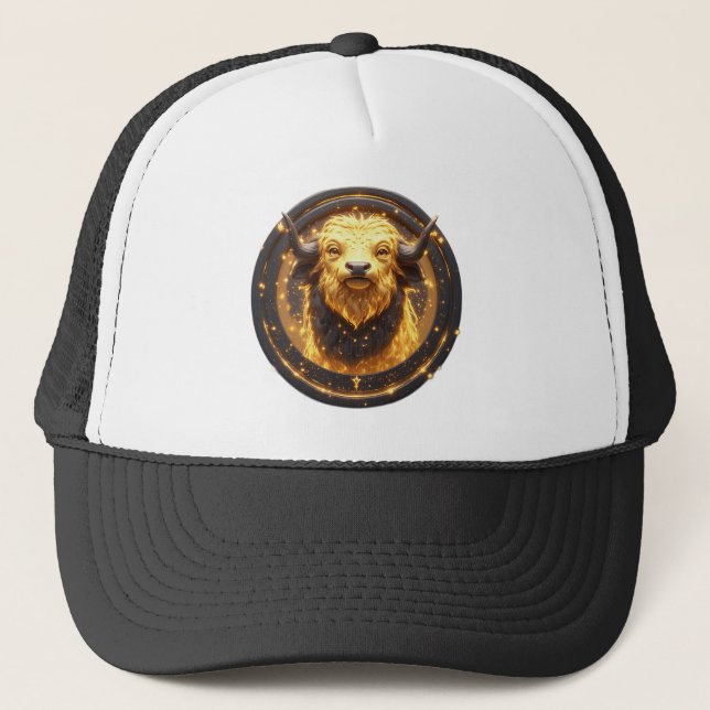 Golden Taurus Bull Within a Circular Zodiac Wheel Trucker Hat (Front)