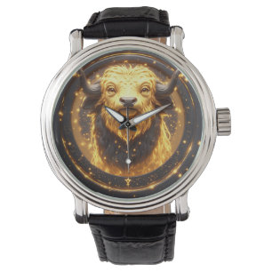 Golden Taurus Bull Within a Circular Zodiac Wheel Watch