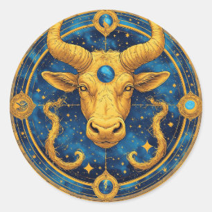 Golden Taurus Symbol On Blue Circle Classic Round Sticker