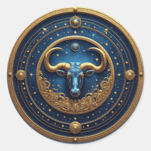 Golden Taurus Symbol On Blue Circle Classic Round Sticker
