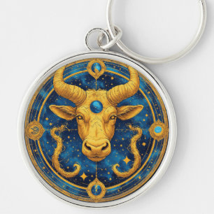 Golden Taurus Symbol On Blue Circle Key Ring