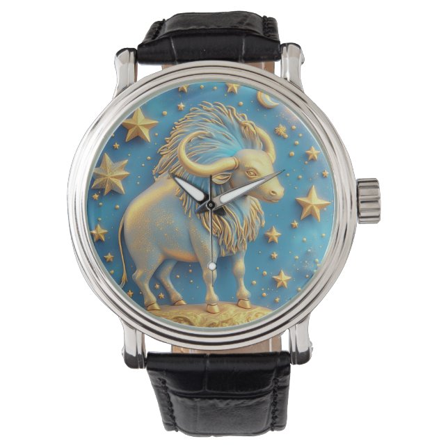 Golden Taurus Symbol On Blue Circle Watch (Front)