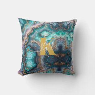 Golden Teal Aqua Agate Custom Modern Monogram Cushion
