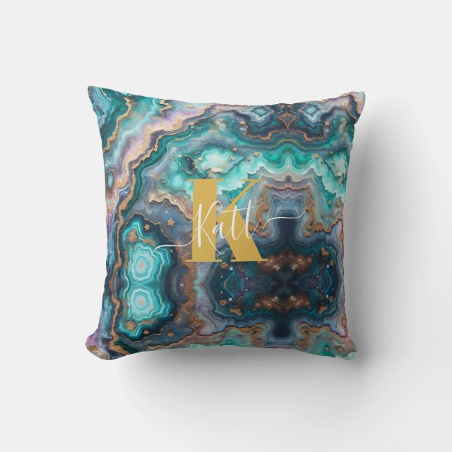 Golden Teal Aqua Agate Custom Modern Monogram Cushion (Front)