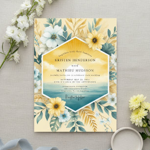 Golden Teal Coastal Wedding Invitation