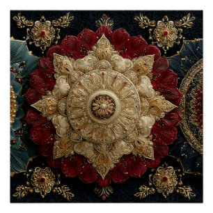 Golden Teal Crimson Ornate Mandala Jewel Art Poster