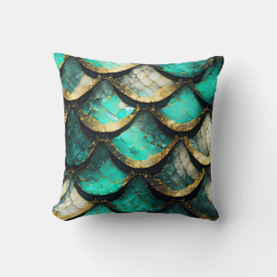 "Golden Teal Opulence: Mermaid Tail Pattern" Cushion