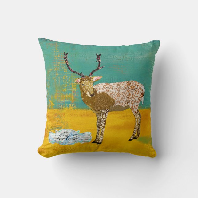 Golden Teal Ornate Deer Monogram  Mojo Pillow (Front)