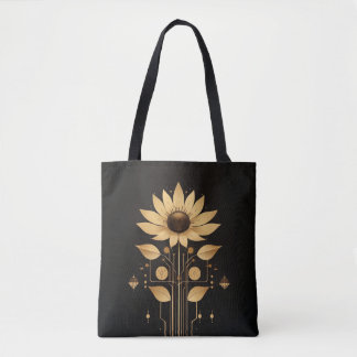 Golden Tech Bloom – Solarpunk Art Tote Bag