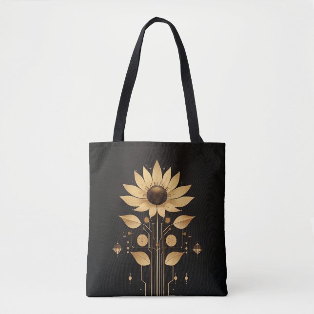 Golden Tech Bloom – Solarpunk Art Tote Bag (Front)