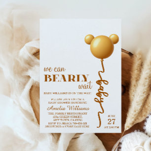 Golden Teddy Balloon Minimalist Bearly Wait Baby  Invitation