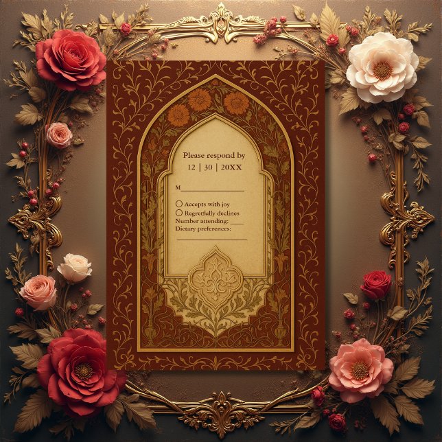 golden terracotta Arabian Floral Arch Wedding RSVP Card (Creator Uploaded)