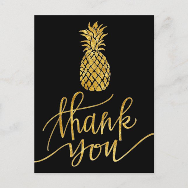 golden thank you calligraphy pineapple on black postcard (Front)