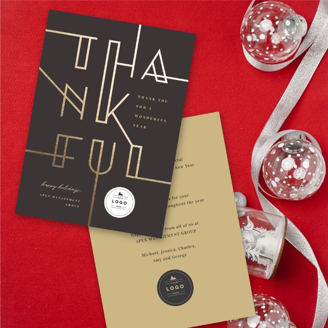 Golden Thankful Lines Stylish Typography Business Holiday Card (Creator Uploaded)