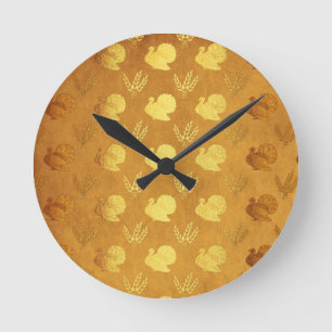 Golden Thanksgiving with Turkey Round Clock