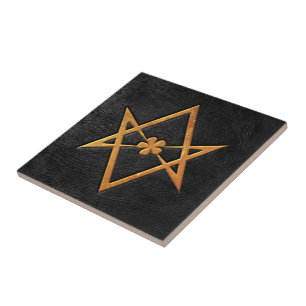 Golden Thelemic Unicursal Hexagram Black Leather Ceramic Tile