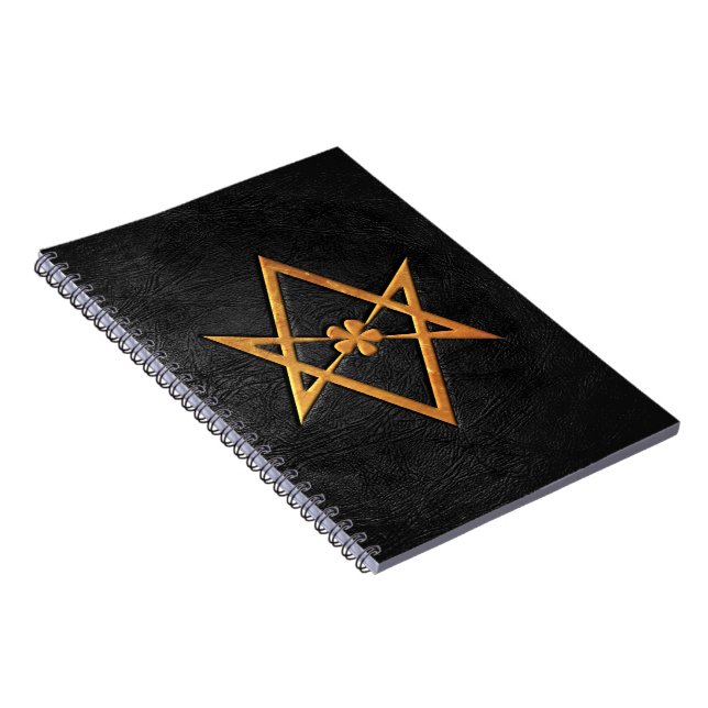 Golden Thelemic Unicursal Hexagram Black Leather Notebook (Right Side)