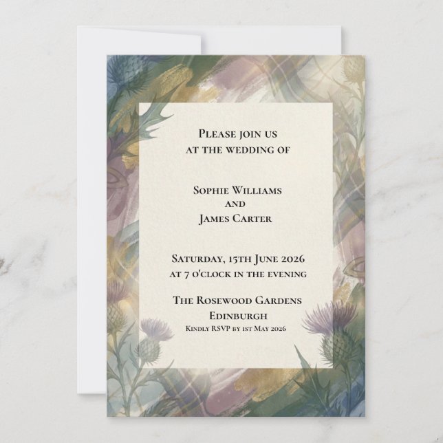 Golden Thistle Tartan Plaid Scottish Wedding Invitation (Front)