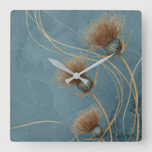 Golden Thistle Teal Blue Texture Elegance Square Wall Clock