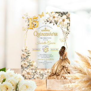Golden Tiara Floral Beige Butterflies Quinceañera Acrylic Invitations