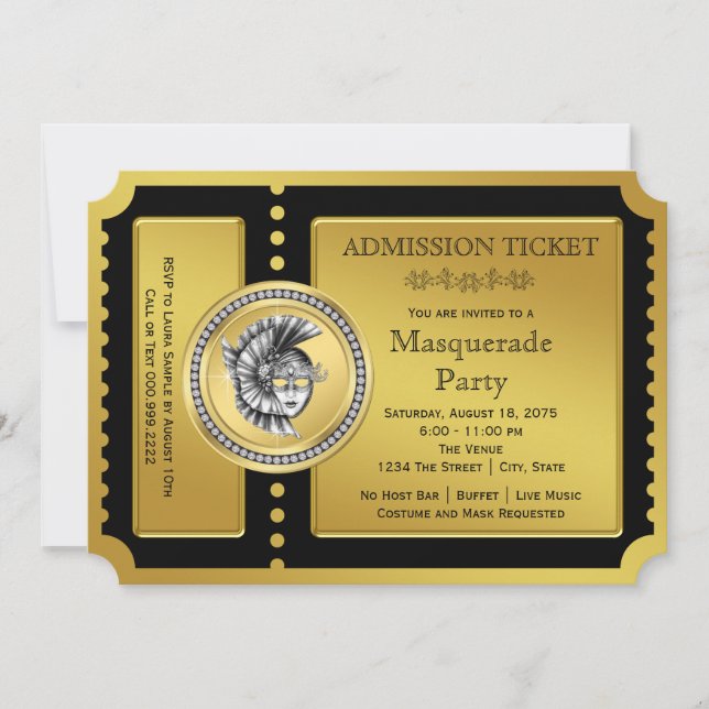 Golden Ticket Black and Gold Masquerade Party Invitation (Front)