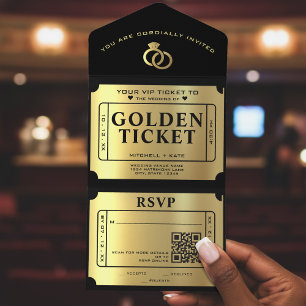 Golden Ticket Black & Gold QR Code Wedding All In One Invitation