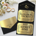 Golden Ticket Black & Gold Wedding All In One Invitation<br><div class="desc">Make your wedding unforgettable with this Golden Ticket Wedding Invitation. Featuring a luxurious design with gold accents, this invitation sets the tone for your special day with a touch of elegance and excitement. Perfect for couples looking to add a unique flair to their celebration, this all-in-one invitation includes all the...</div>