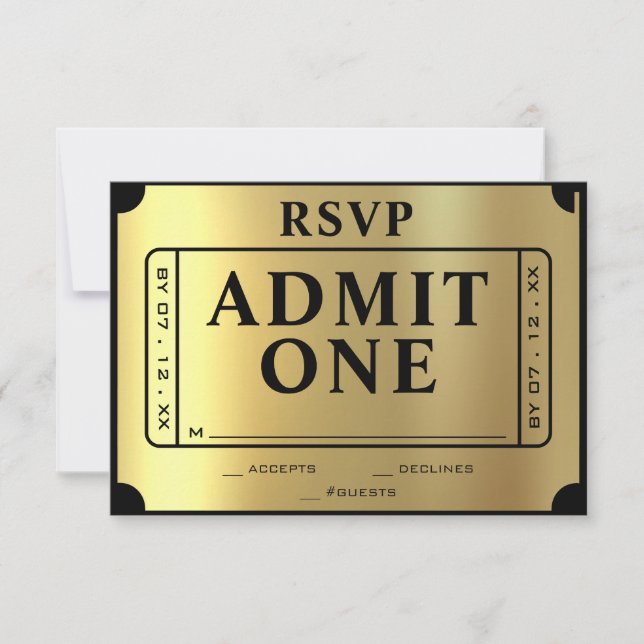Golden Ticket Black & Gold Wedding RSVP Card (Front)