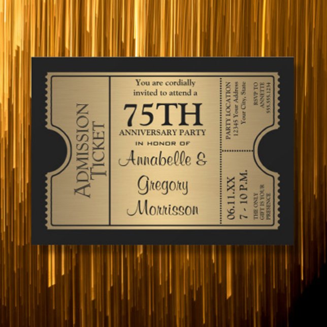 Golden Ticket Style 75th Wedding Anniversary Party Invitation (Creator Uploaded)