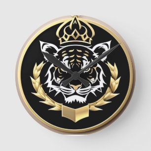Golden Tiger Crest Emblem Round Clock