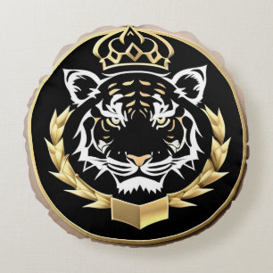 Golden Tiger Crest Emblem Round Cushion