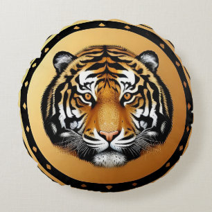 Golden Tiger Crest Emblem Round Cushion