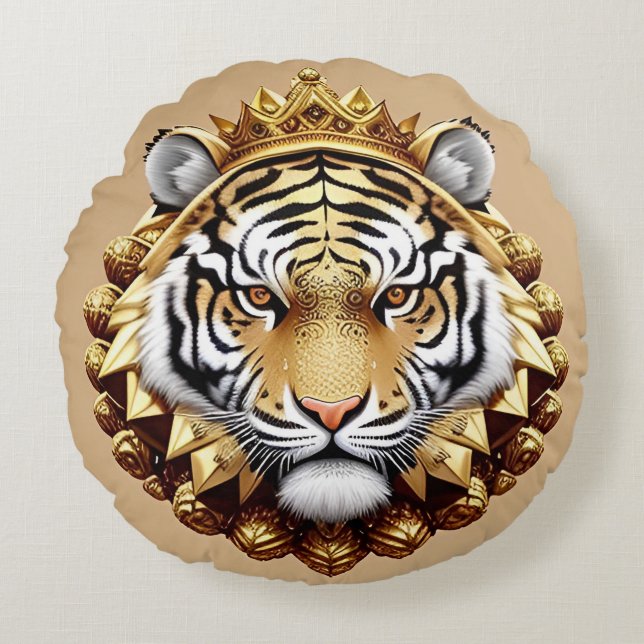 Golden Tiger Crest Emblem Round Cushion (Front)