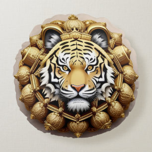 Golden Tiger Crest Emblem Round Cushion