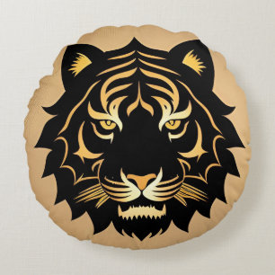 Golden Tiger Crest Emblem Round Cushion