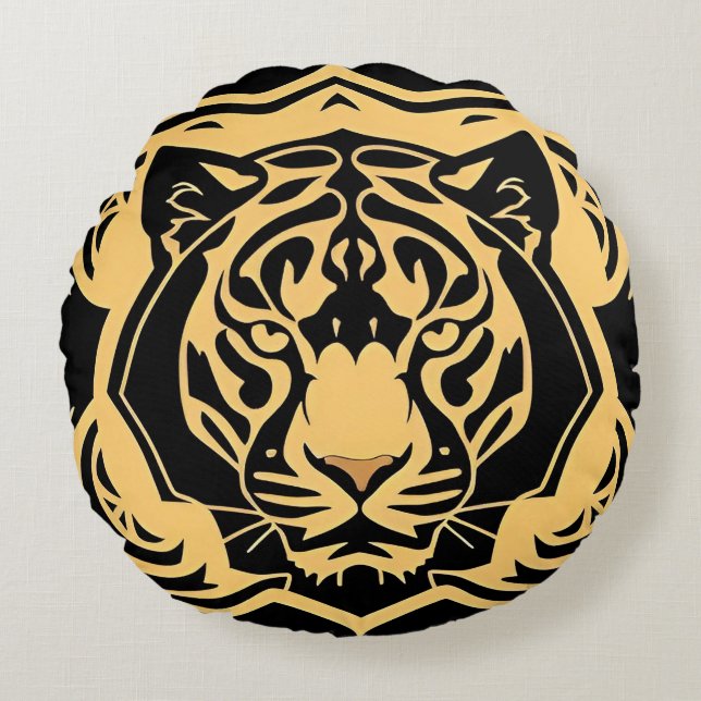 Golden Tiger Crest Emblem Round Cushion (Front)